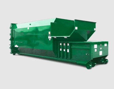 A large green dumpster with a sliding top lid and a front loading compartment.